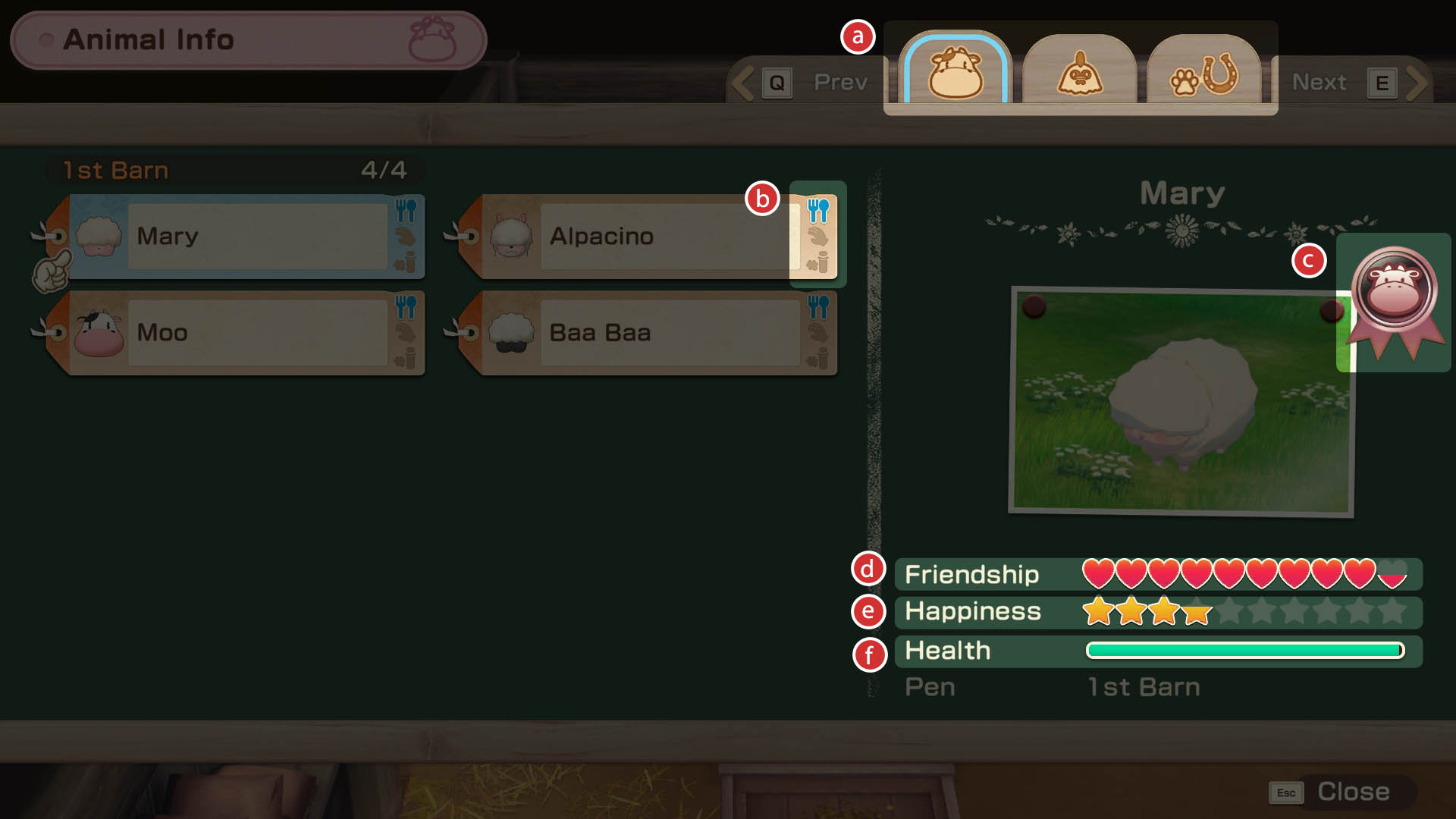 Barn blackboard interface showing animal stats