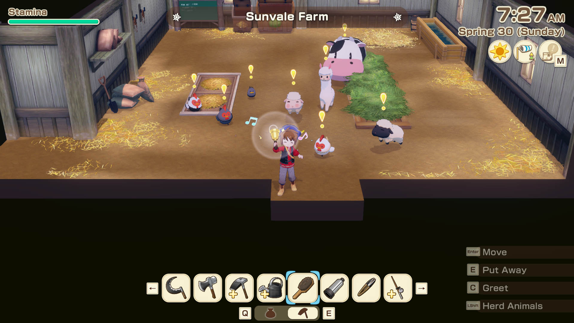 Herding animals towards the barn exit