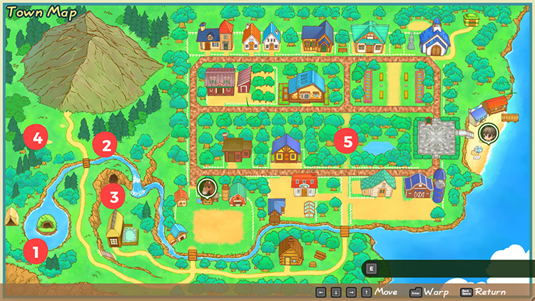 A map of Mineral Town highlighting Green Grass locations.