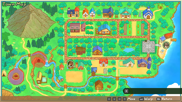 Map of Mineral Town highlighting the Spring and Lake Mine locations.