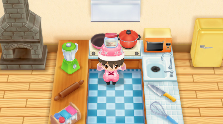 The farmer cooks Stamina Booster in the kitchen.