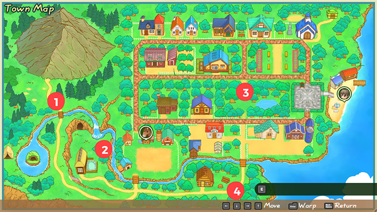A map of Mineral Town highlighting Blue Grass locations.