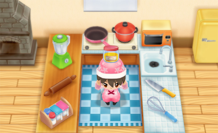 The farmer cooks Stamina Booster XL in the kitchen.