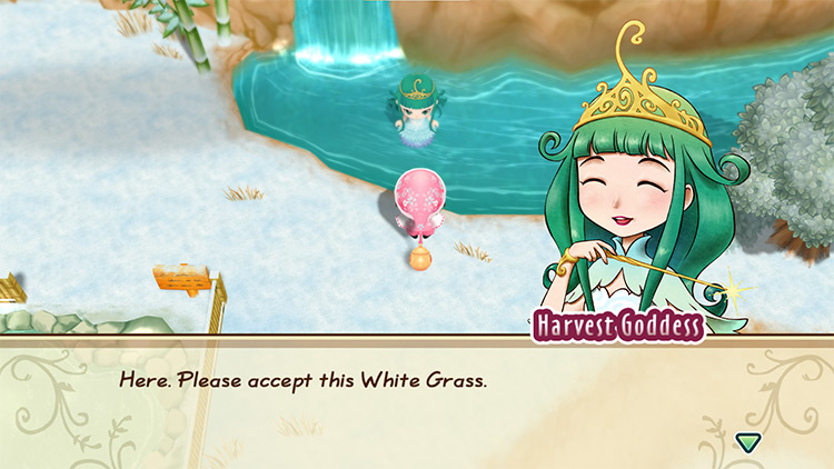 The Harvest Goddess gifts White Grass to the farmer.