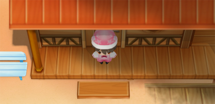 The farmer stands in front of Zack’s house. / Story of Seasons: Friends of Mineral Town