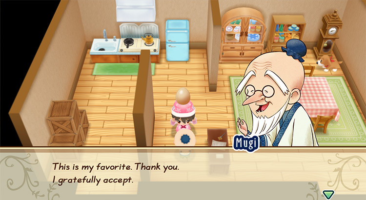 Mugi’s response when the farmer gives him a loved gift.