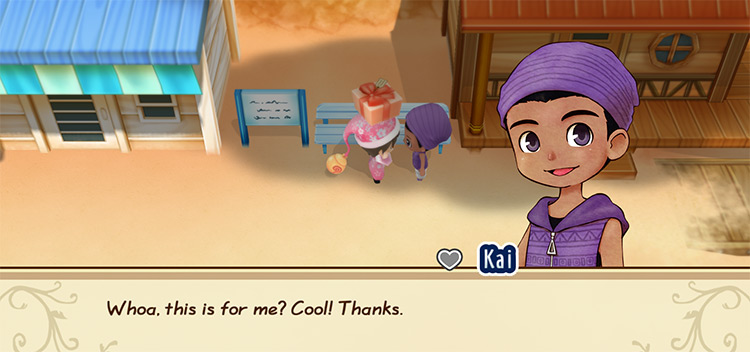 Kai’s reaction when the farmer gives him a liked gift.