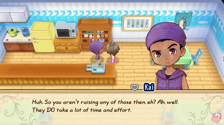 Kai talks to the farmer at the Beach Cafe.