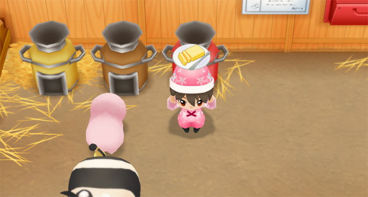 The farmer makes Butter in the Barn using the Butter Maker.