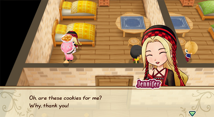 The farmer gifts Cookies to Jennifer on White Day.