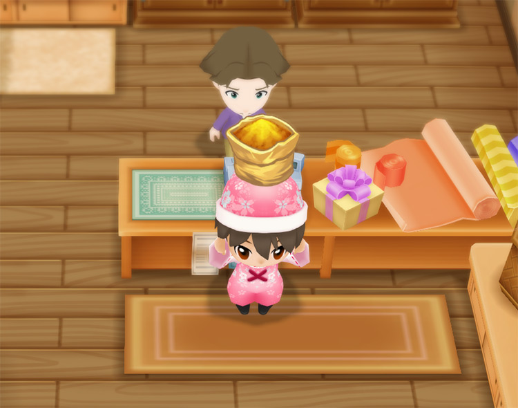 The farmer buys Curry Powder from Jeff at the General Store.