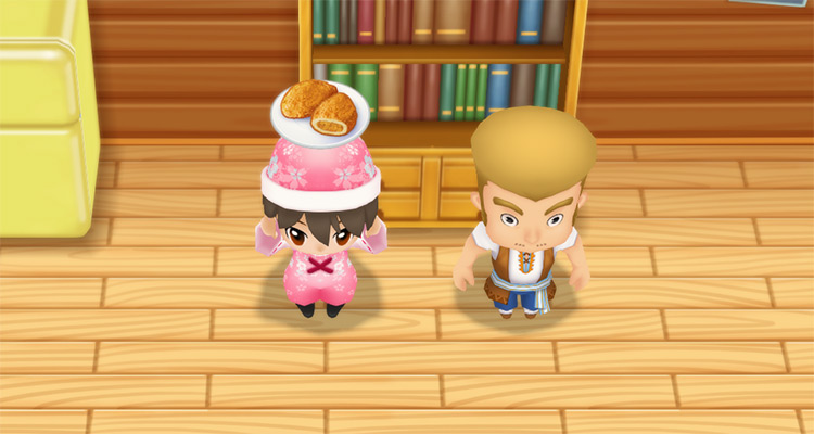 The farmer stands next to Zack while holding a plate of Curry Bread.