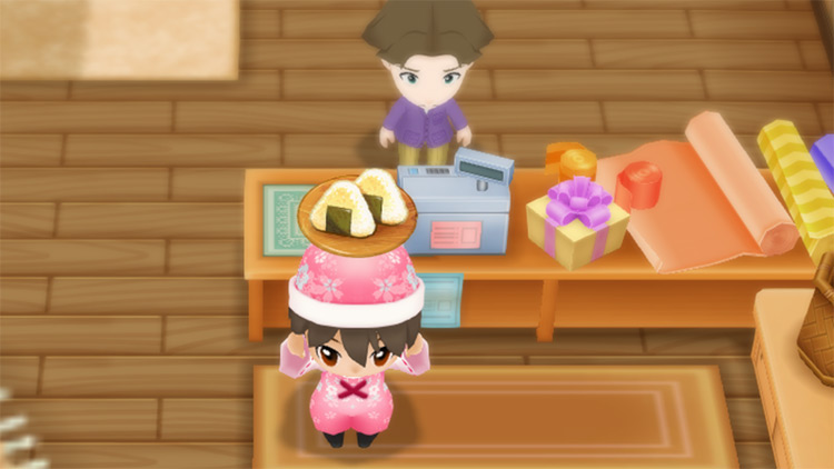 The farmer buys Onigiri from Jeff at the General Store.