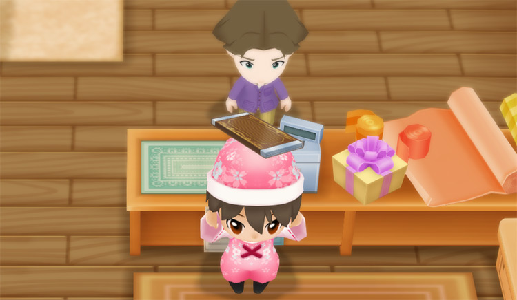 The farmer buys Chocolate from Jeff at the General Store.