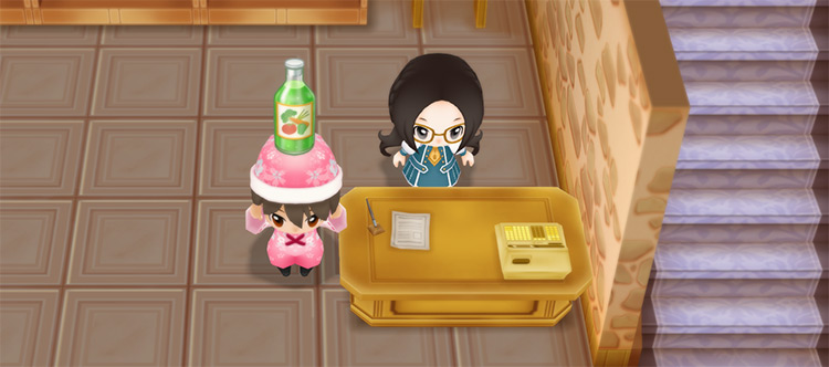 The farmer stands next to Marie while holding a glass of Veggie Juice.