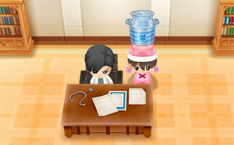 The farmer stands next to Doctor while holding a bottle of X Milk.
