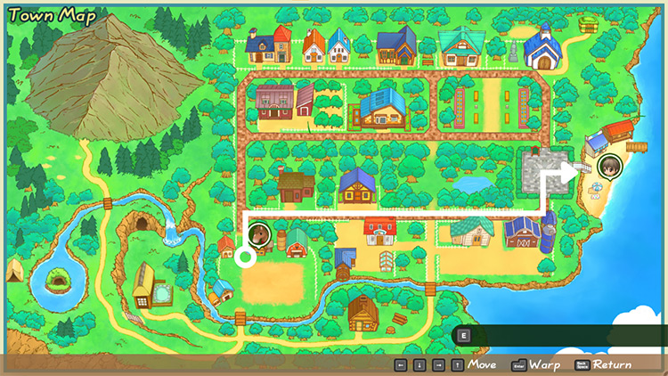 Map of Mineral Town with a white line directing players to Mineral Beach.