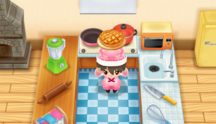 The farmer makes an Apple Pie in the kitchen.