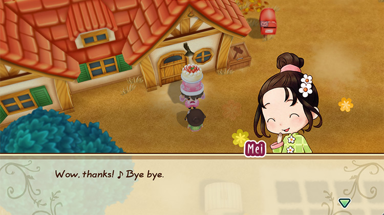 The farmer gives Mei Cake during the Pumpkin Jamboree.