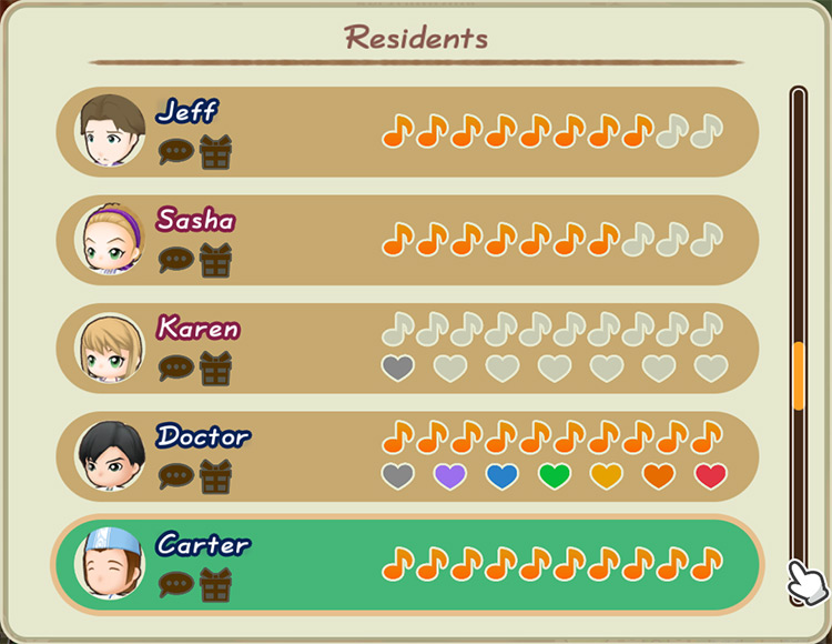 Interface of the Villagers Relationship tab.
