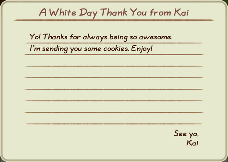 The farmer receives Chocolate Cookies from Kai in the mail.