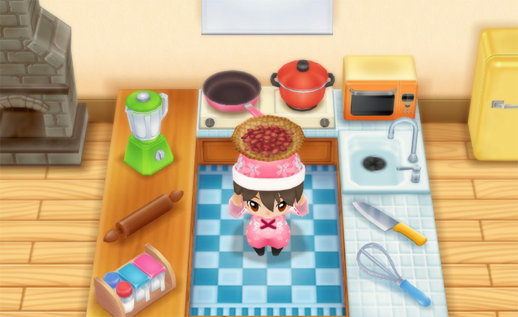 The farmer stands in the middle of the kitchen.