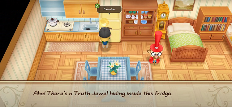 The farmer finds a Truth Jewel behind Mayor Thomas' refrigerator.