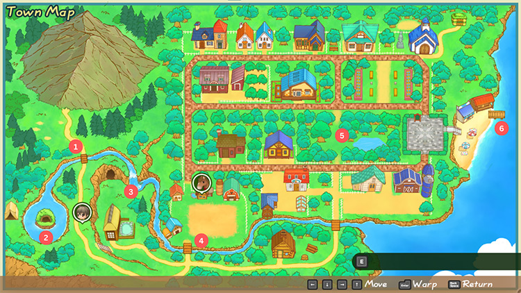 A map of Mineral Town labeled with fishing spots.