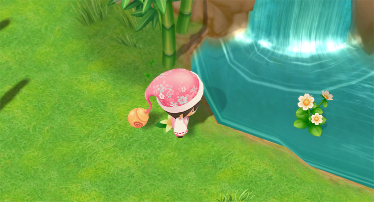 The farmer gives the Harvest Goddess a Moondrop Flower.