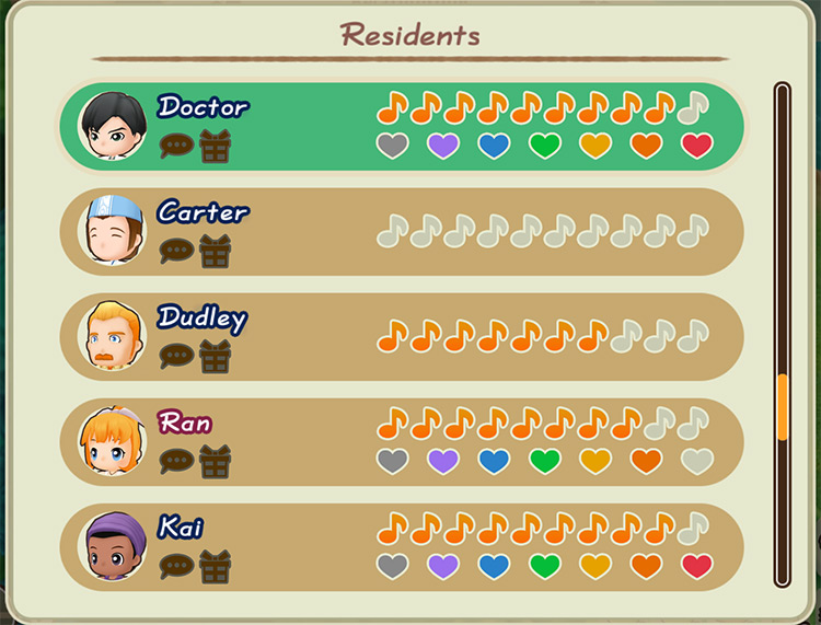 Interface of the Villagers relationship menu.