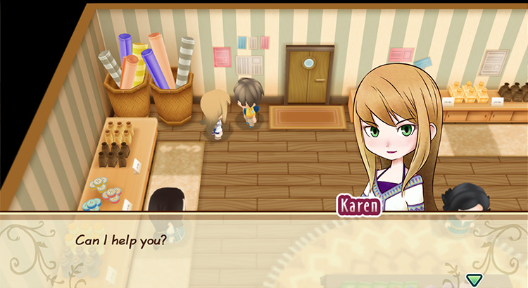 Karen talks to the farmer at the General Store.