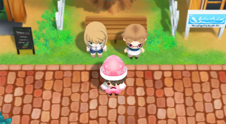 The farmer stands in between Rick and Karen.