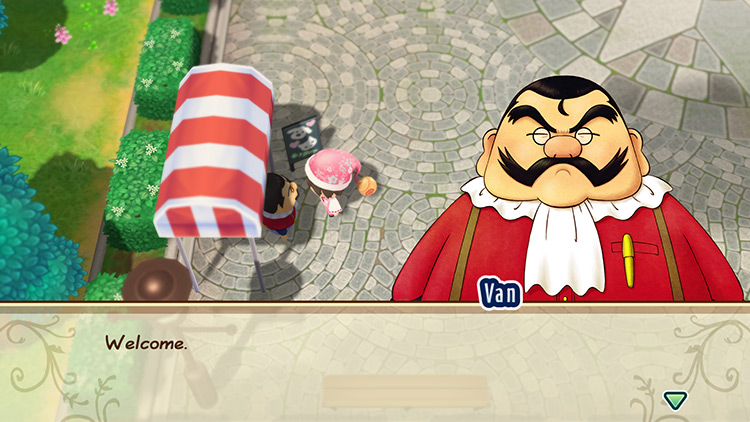 The farmer talks to Van in Rose Plaza