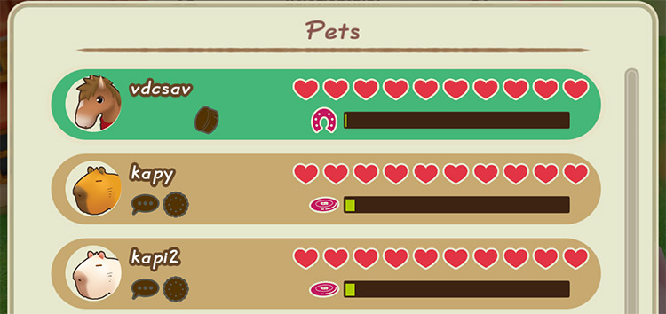 Interface of the Pet Relationships menu