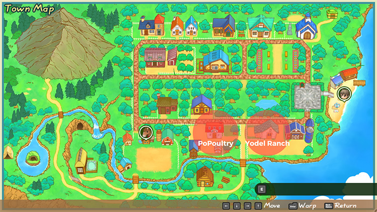 Map of Mineral Town with PoPoultry and Yodel Ranch labeled
