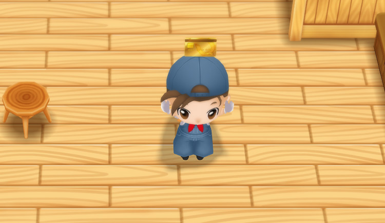 The farmer holds up the Master Shopper Award credit card