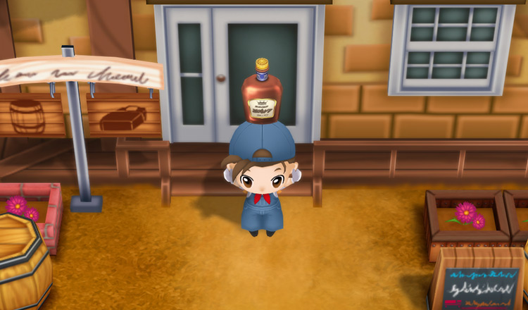 The farmer holds up a bottle of Van's Favorite