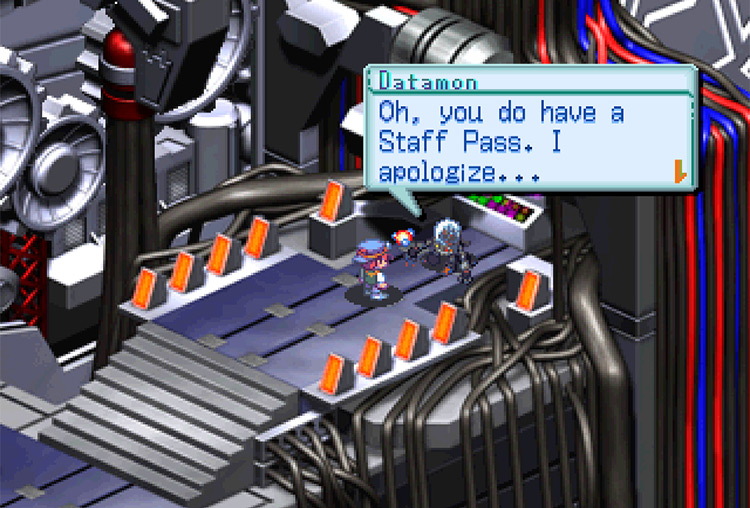 Showing the Staff Pass to Datamon. / Digimon World 3