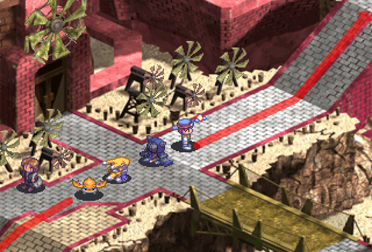 Walking up the ramps in Seiryu City, with Zephyr Tower on the left side. / Digimon World 3