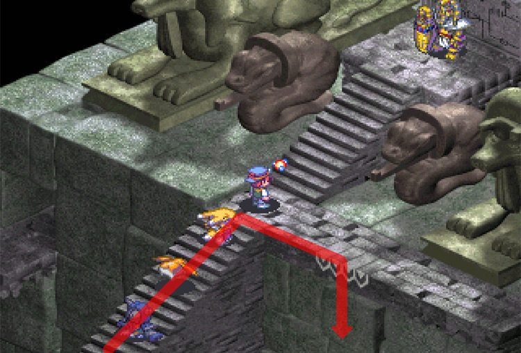 Walking up the first set of stairs, turning right and jumping down the ledge. / Digimon World 3