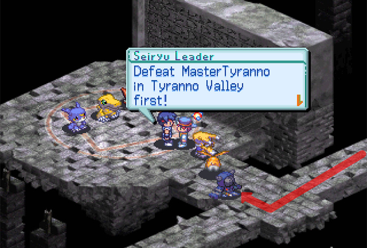 Exiting the tunnel and talking to the Seiryu Leader. / Digimon World 3