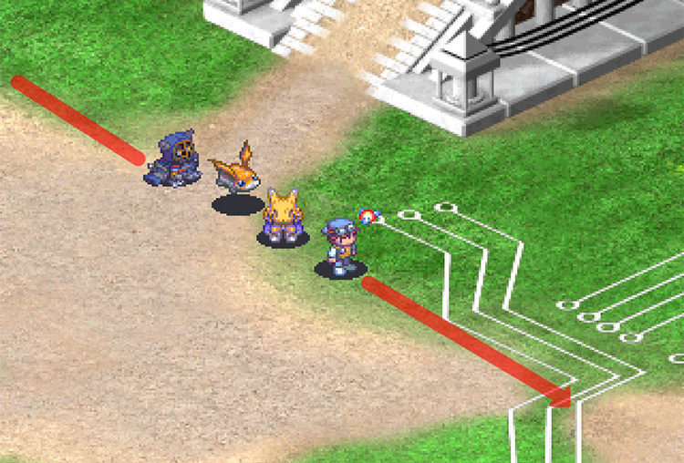 Walking east on Wind Prairie, past the entrance to Seiryu City. / Digimon World 3