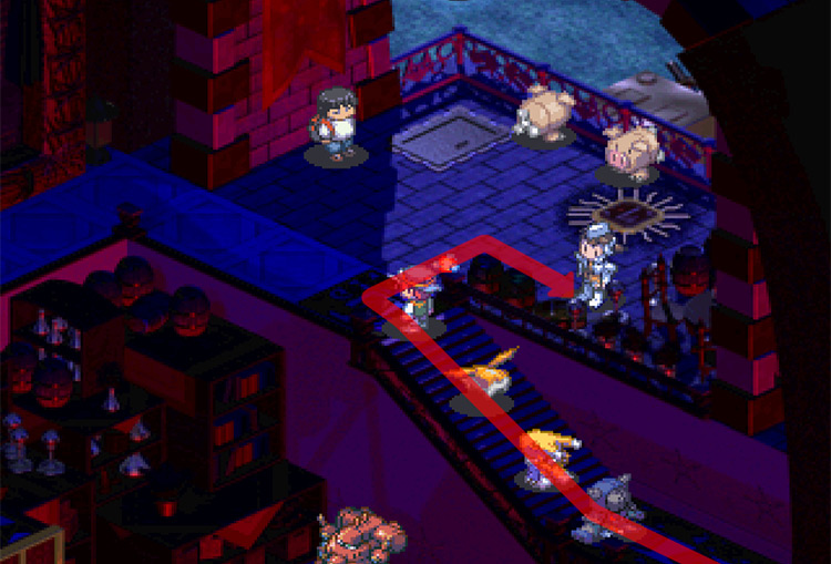 Walking up the stairs to talk to the Digimon Online clerk. / Digimon World 3