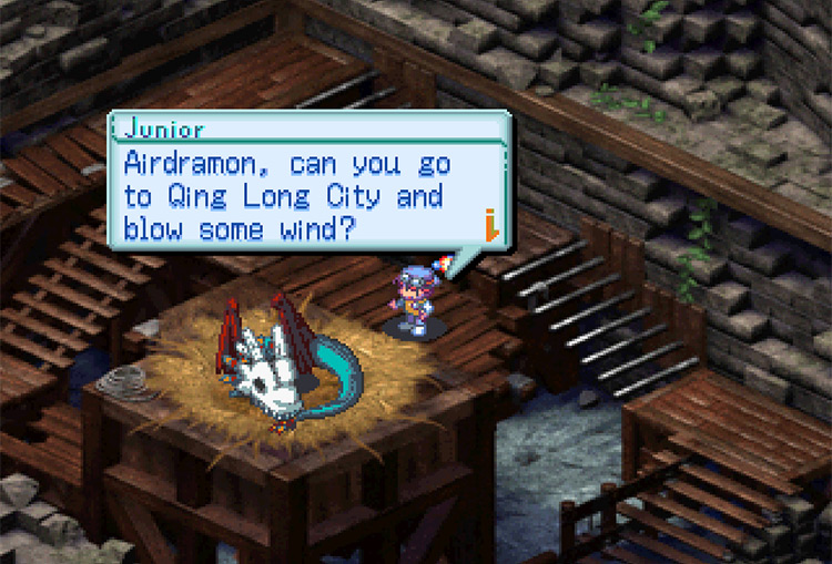 Talking to the Airdramon at Gale Tower. / Digimon World 3