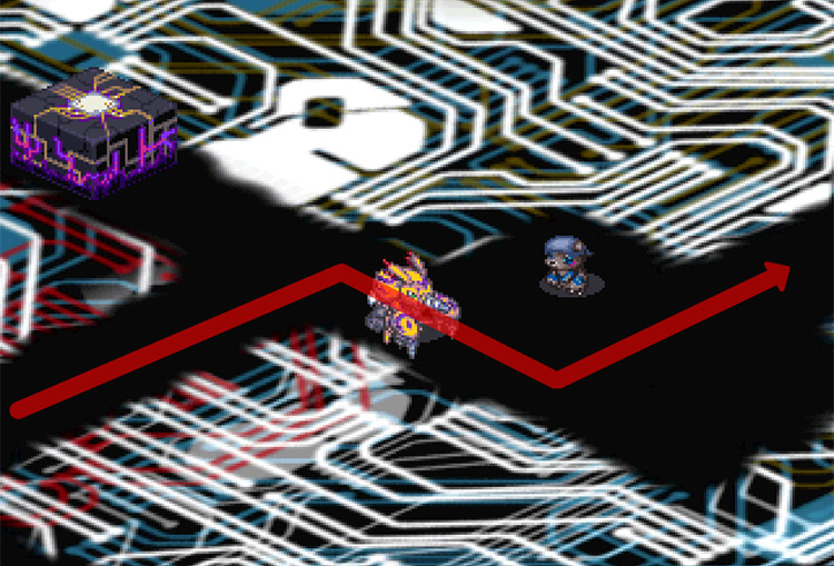 Turning east at the intersection and heading past the Kumamon. / Digimon World 3