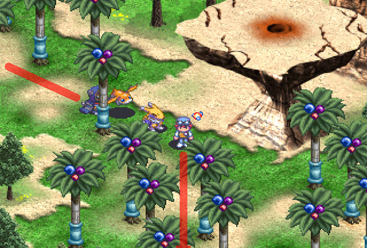 Heading east, then turning south at the hourglass-shaped boulder. / Digimon World 3