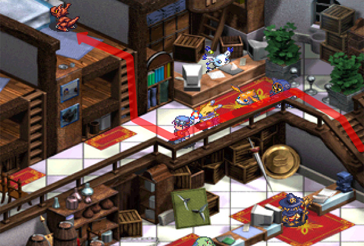 Walking up the ladder and climbing up the bunk bed to talk to Tricky Guilmon. / Digimon World 3