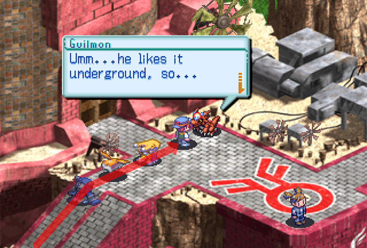 Walking up the second ramp and talking to the Guilmon in front of Seiryu Tower. / Digimon World 3