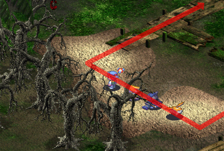 Continuing to the crossing, heading north past the broken planks. / Digimon World 3