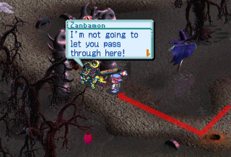 Challenging Zambamon in front of the gate. / Digimon World 3